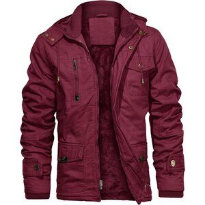 Mens Wine Red Thick Winter Jacket Hooded Fleece Lined Cotton Military Coat